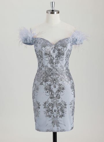 Bodycon Off the Shoulder Short Sequin Homecoming Dress With Faux Feather Sequins