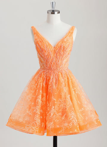 A-line V-Neck Short Lace Tulle Homecoming Dress With Beading Sequins