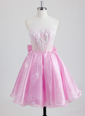 Ball-Gown/Princess Straight Short Organza Mini Dress With Bow Beading Sequins