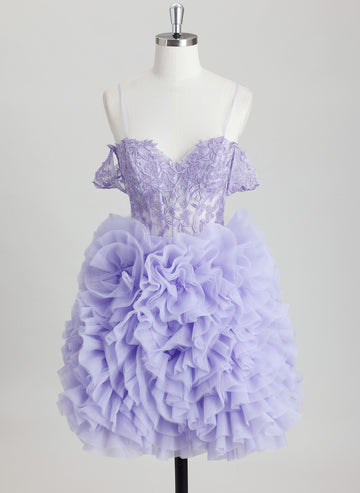 Ball-Gown/Princess Off the Shoulder Short Tulle Homecoming Dress With Rhinestone Appliques Lace
