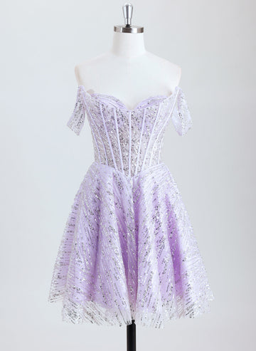 A-line Off the Shoulder Short Sequin Homecoming Dress With Sequins