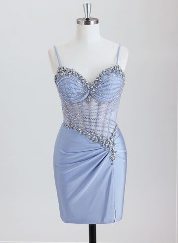 Sheath Spaghetti Traps Short Silky Satin Homecoming Dress With Rhinestone