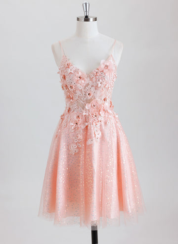 A-line Spaghetti Straps Short Tulle Homecoming Dress With 3D Floral