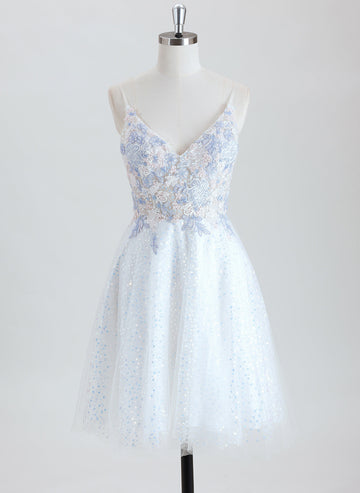 A-line V-Neck Short Tulle Lace Homecoming Dress With Sequins