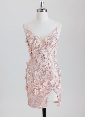 Sheath Spaghetti Straps Short Sequined Homecoming Dress With 3D Floral