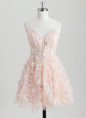 Ball-Gown/Princess V-Neck Short Tulle Homecoming Dress With Beading 3D Floral Sequins