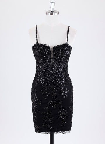 Sheath/Column Spaghetti Straps Short Lace Homecoming Dress With Sequins