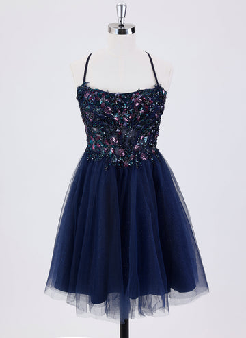 Ball-Gown/Princess Spaghetti Straps Short Tulle Homecoming Dress With Sequins