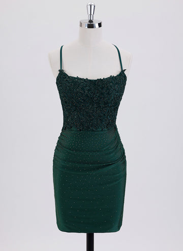 Sheath/Column Spaghetti Straps Short Jersey Homecoming Dress With Appliques Lace