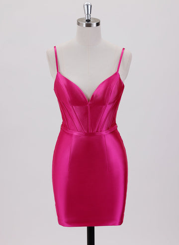 Sheath/Column Spaghetti Straps Short Satin Homecoming Dress With Pleated