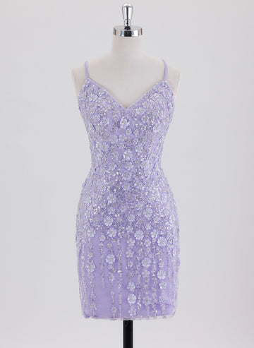 Sheath/Column Spaghetti Straps Short Lace Homecoming Dress With Sequins