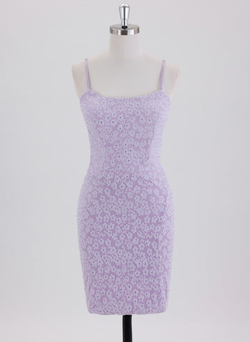 Sheath/Column Spaghetti Straps Short Lace Homecoming Dress With Rhinestone