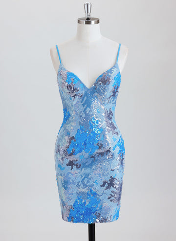 Sheath Spaghetti Straps Short Jacquard Homecoming Dress With Sequins