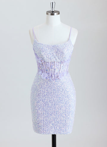Sheath Spaghetti Straps Short Sequin Homecoming Dress With 3D Floral