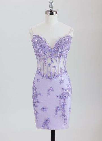 Sheath/Column Spaghetti Straps Short Lace Homecoming Dress With Appliques