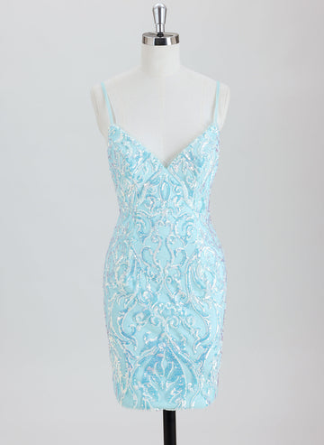 Sheath/Column Spaghetti Straps Short Lace Homecoming Dress With Sequins