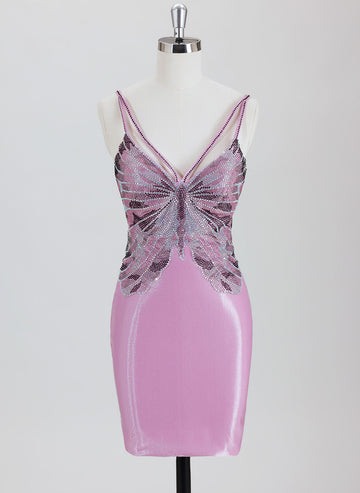 Sheath/Column Spaghetti Straps Short Satin Homecoming Dress With Rhinestone