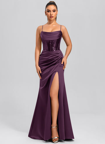 Sheath/Column Cowl Floor-Length Sequin Satin Maxi Dresses With Sequins