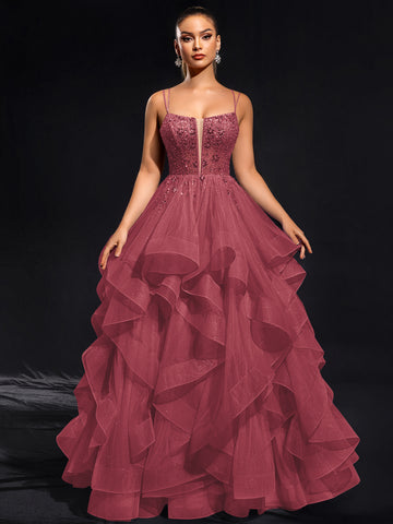 Ball-Gown/Princess Scoop Floor-Length Tulle Maxi Dresses With Rhinestone Beading