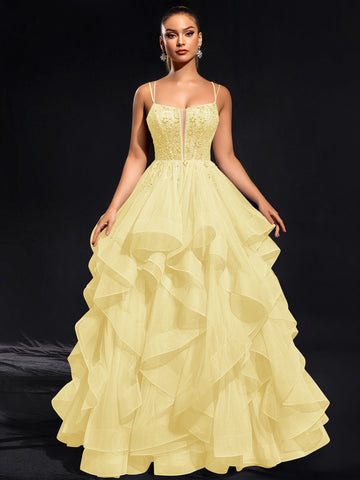 Ball-Gown/Princess Scoop Floor-Length Tulle Maxi Dresses With Rhinestone Beading