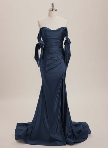 Trumpet/Mermaid Off the Shoulder Sweep Train Jersey Maxi Dresses With Pleated Bow