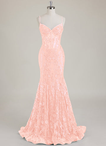 Spaghetti Straps V-Neck Corset Sequins Lace Trumpet/Mermaid Maxi Dress