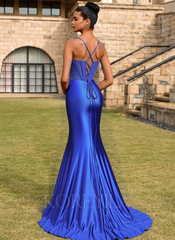 Trumpet/Mermaid Sweetheart Sweep Train Silky Satin Prom Dresses With Beading Sequins Pleated