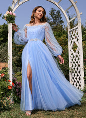 Ball-Gown/Princess Scoop Floor-Length Tulle Prom Dresses With Beading