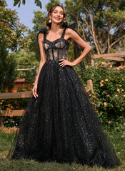 Ball-Gown/Princess Sweetheart Court Train Tulle Prom Dresses With Sequins