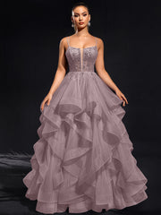 Ball-Gown/Princess Scoop Floor-Length Tulle Maxi Dresses With Rhinestone Beading