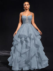Ball-Gown/Princess Scoop Floor-Length Tulle Maxi Dresses With Rhinestone Beading