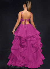 Ball-Gown/Princess Scoop Floor-Length Tulle Maxi Dresses With Rhinestone Beading