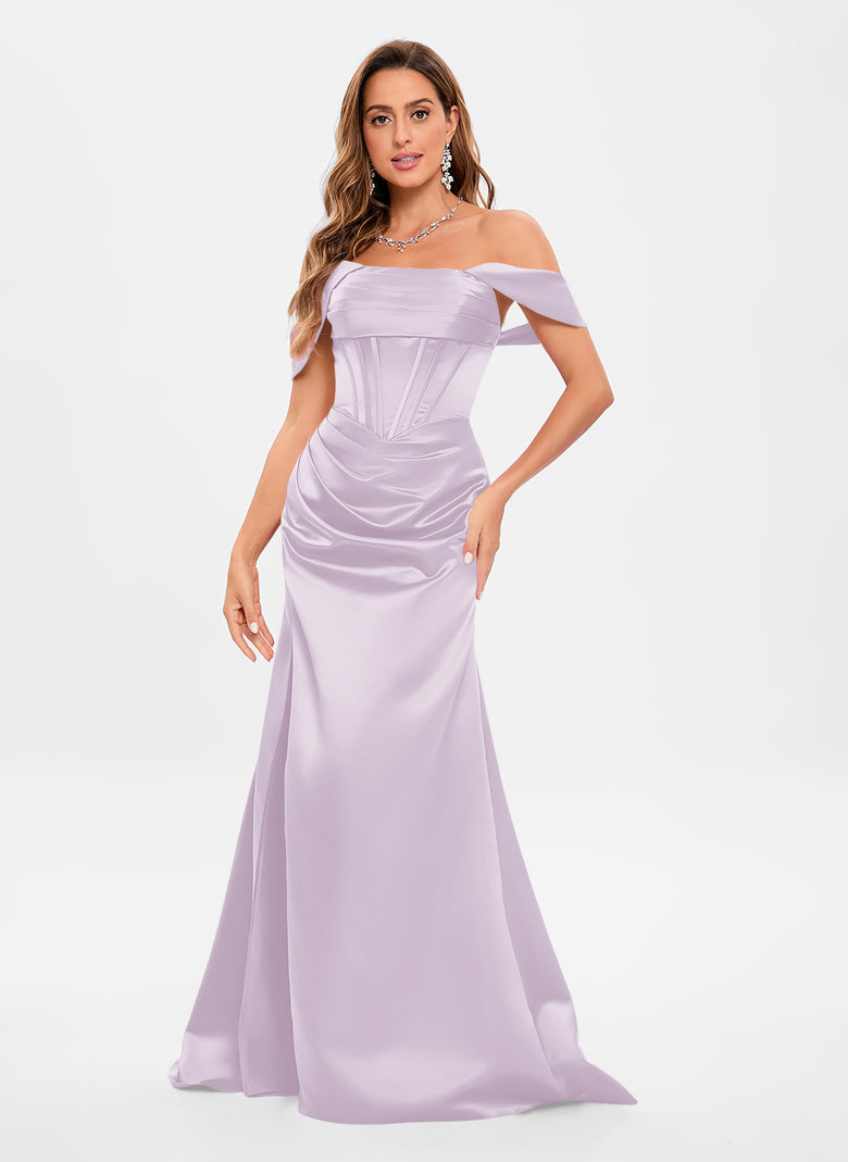 trumpet mermaid off the shoulder sweep train satin prom dress Trumpet/Mermaid Off-the-shoulder Silk-like Satin Sweep Train Prom Dresses With Appliques Lace