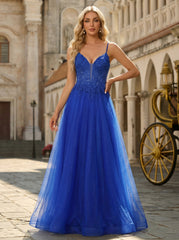 A-line Sleeveless Sweep Train Tulle Maxi Dress With Appliques Lace