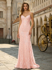 Spaghetti Straps V-Neck Corset Sequins Lace Trumpet/Mermaid Maxi Dress