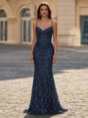 Spaghetti Straps V-Neck Corset Sequins Lace Trumpet/Mermaid Maxi Dress
