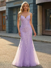 Sleeveless V-Neck Sequins Tulle Trumpet/Mermaid Maxi Dress