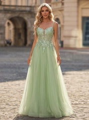 Spaghetti Straps V-Neck Embroidered Sequins Tulle A-line Maxi Dress
