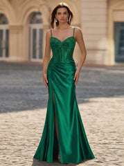 Trumpet/Mermaid V-Neck Sweep Train Silky Satin Prom Dresses With Rhinestone Sequins Beading