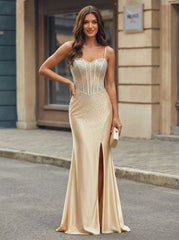 Trumpet/Mermaid Sweetheart Sweep Train Silky Satin Prom Dresses With Rhinestone