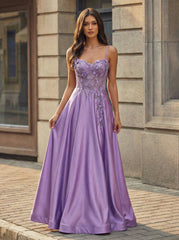 A-line Sweetheart Sweep Train Silky Satin Prom Dresses With Rhinestone 3D Floral Sequins Beading