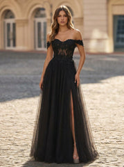 A-line Off the Shoulder Sweep Train Tulle Prom Dresses With Sequins Appliques Lace Beading