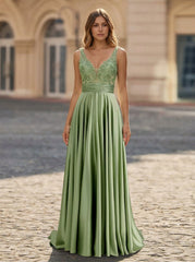 A-line V-Neck Sweep Train Jersey Prom Dresses With Sequins Beading Appliques Lace