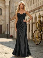 Trumpet/Mermaid V-Neck Sweep Train Silky Satin Prom Dresses With Rhinestone Sequins Beading