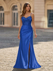 Trumpet/Mermaid V-Neck Sweep Train Silky Satin Prom Dresses With Pleated Rhinestone