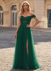 A-line Off the Shoulder Sweep Train Tulle Prom Dresses With Sequins Appliques Lace Beading