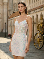 Sheath/Column V-Neck Short Lace Mini Dress With Sequins