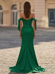 Trumpet/Mermaid Off the Shoulder Sweep Train Jersey Maxi Dresses With Pleated Bow