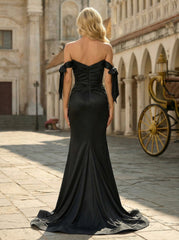 Trumpet/Mermaid Off the Shoulder Sweep Train Jersey Maxi Dresses With Pleated Bow