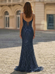 Spaghetti Straps V-Neck Corset Sequins Lace Trumpet/Mermaid Maxi Dress